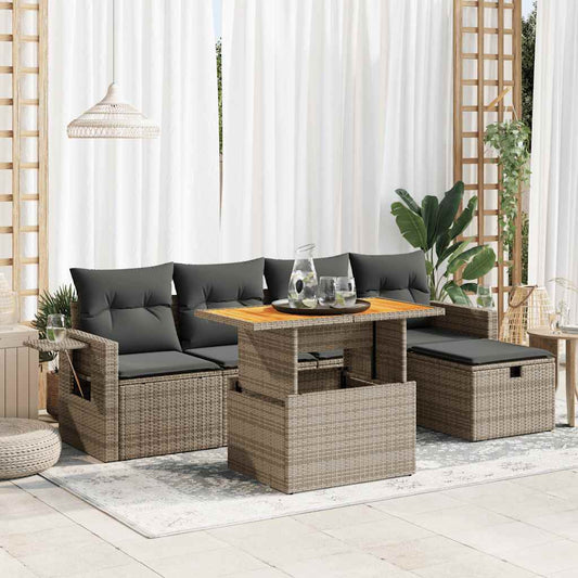 6-delige Loungeset met kussens poly rattan acacia grijs