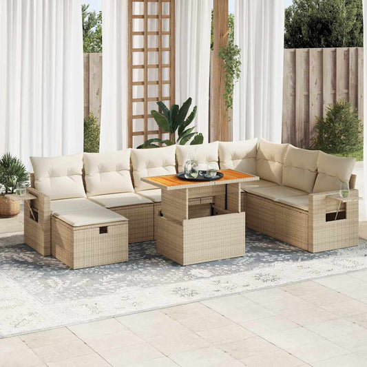 9-delige Loungeset met kussens poly rattan acacia beige