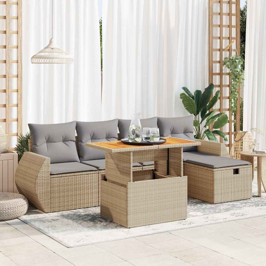 6-delige Loungeset met kussens poly rattan acacia beige