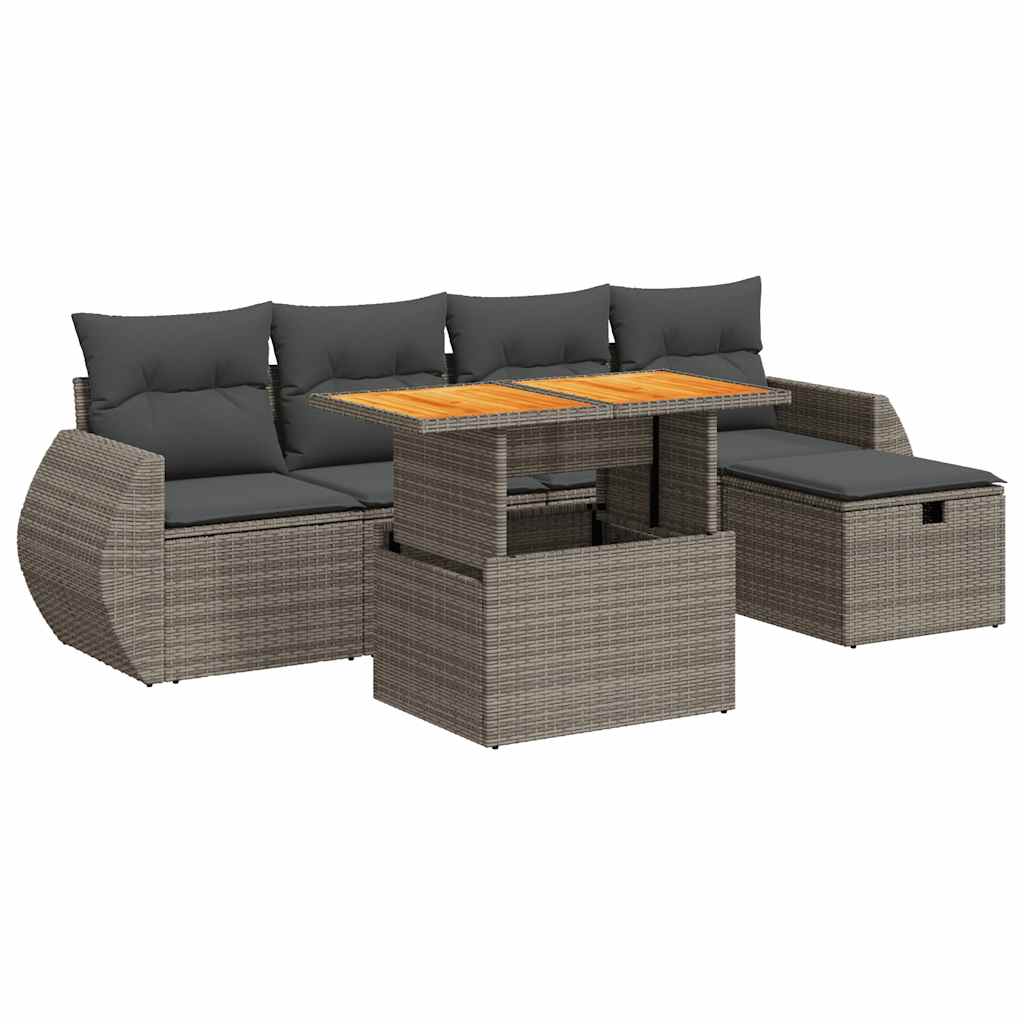 6-delige Loungeset met kussens poly rattan acacia grijs