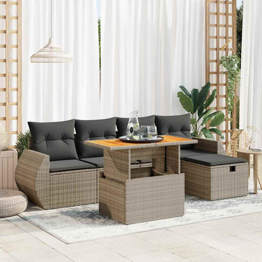 6-delige Loungeset met kussens poly rattan acacia grijs