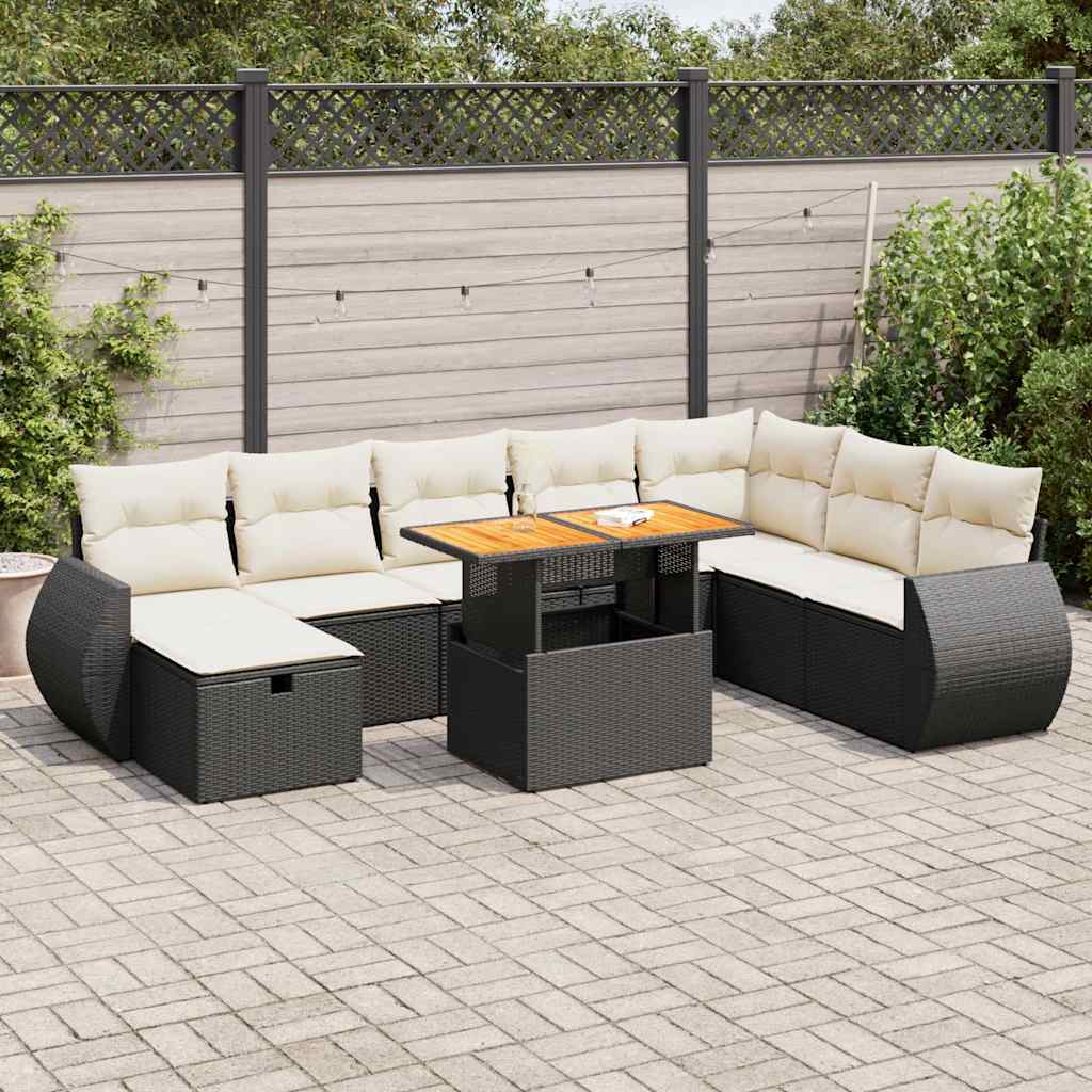 9-delige Loungeset met kussens poly rattan acacia zwart