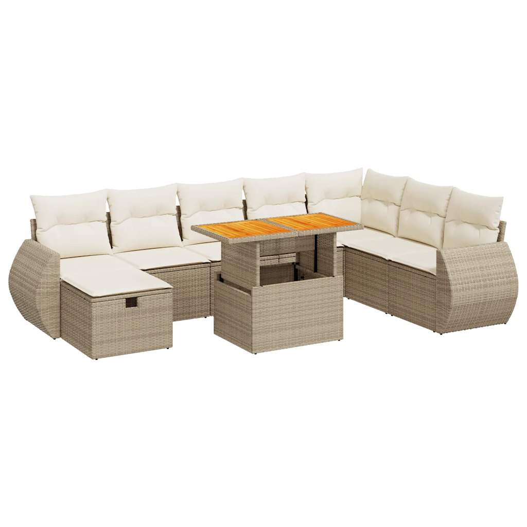 9-delige Loungeset met kussens poly rattan acacia beige