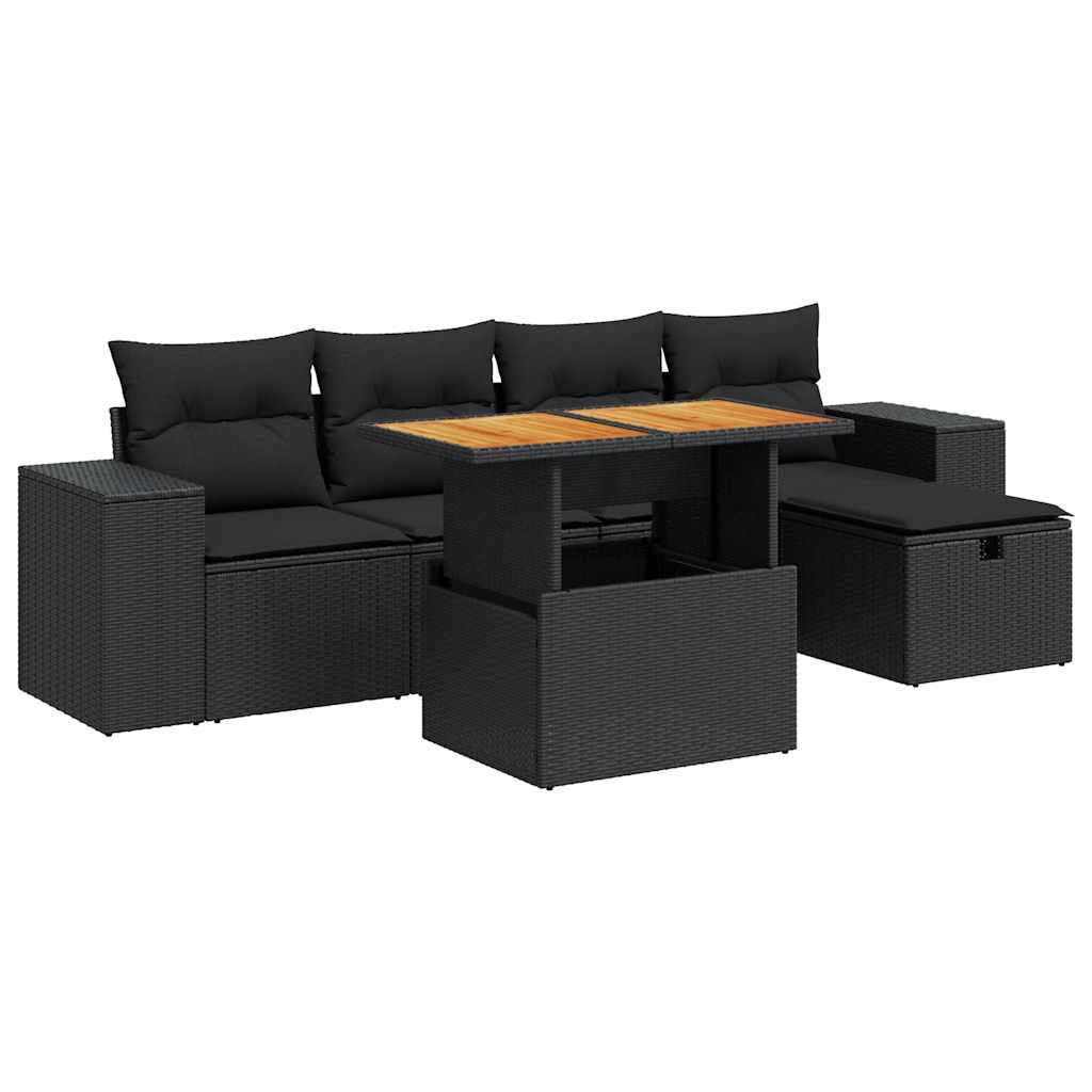 6-delige Loungeset met kussens poly rattan acacia zwart