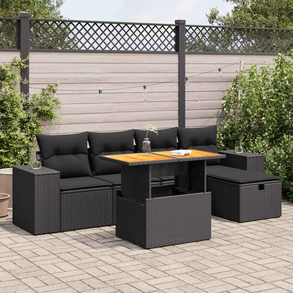 6-delige Loungeset met kussens poly rattan acacia zwart