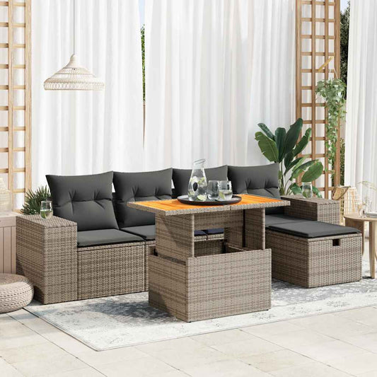 6-delige Loungeset met kussens poly rattan acacia grijs