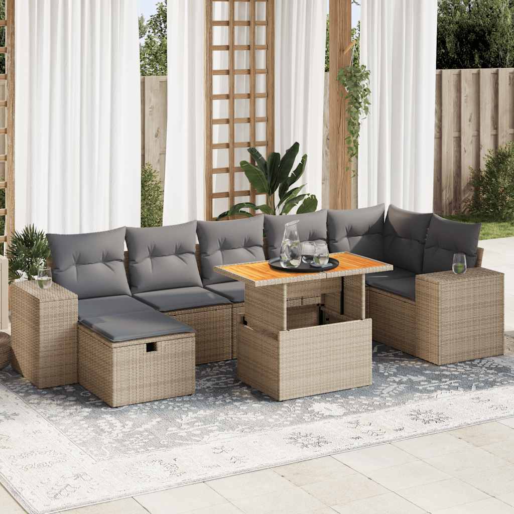 5-delige Loungeset met kussens poly rattan en acaciahout beige