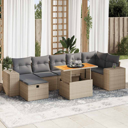 5-delige Loungeset met kussens poly rattan en acaciahout beige