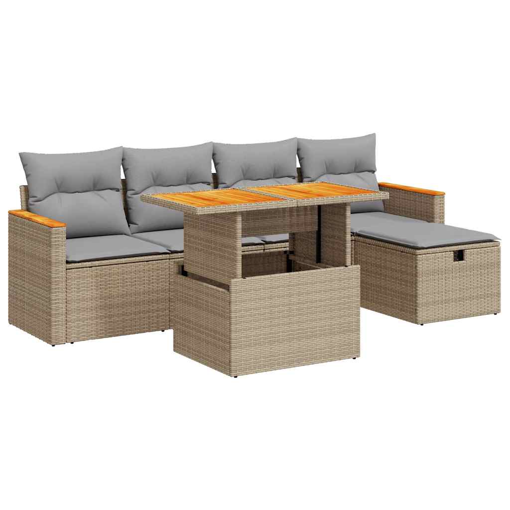 6-delige Loungeset met kussens poly rattan beige