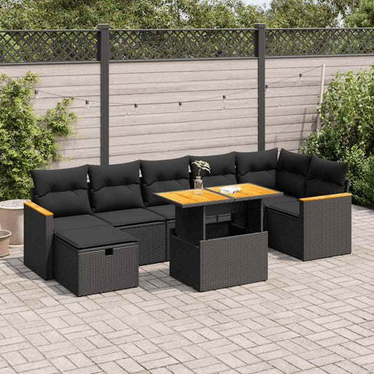 5-delige Loungeset met kussens poly rattan zwart