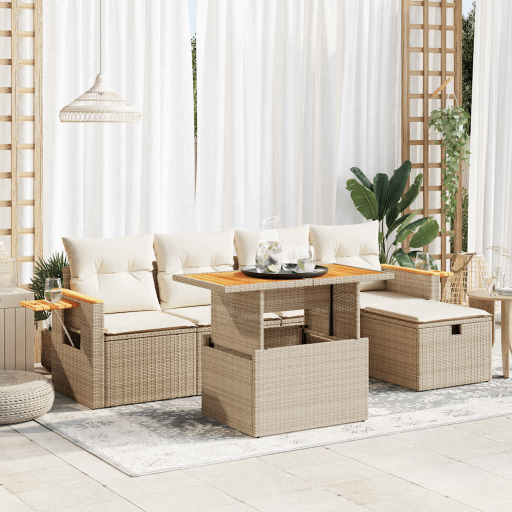 6-delige Loungeset met kussens poly rattan beige