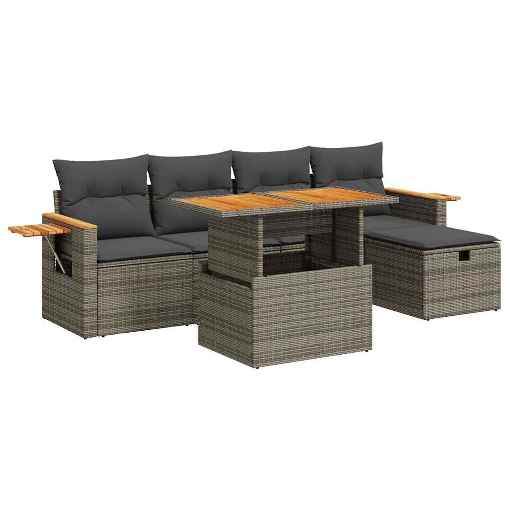 6-delige Loungeset met kussens poly rattan grijs