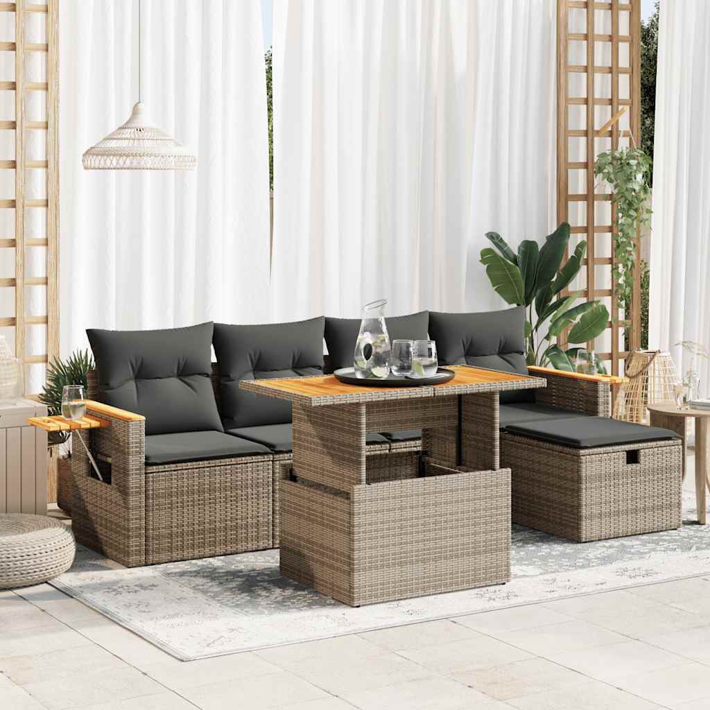 6-delige Loungeset met kussens poly rattan grijs