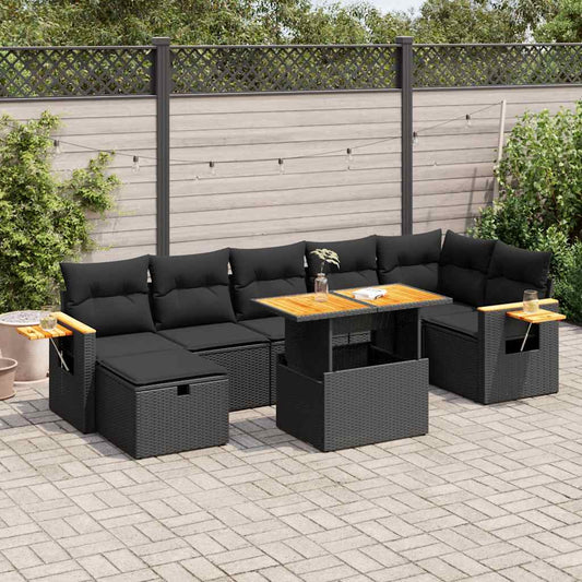 5-delige Loungeset met kussens poly rattan zwart