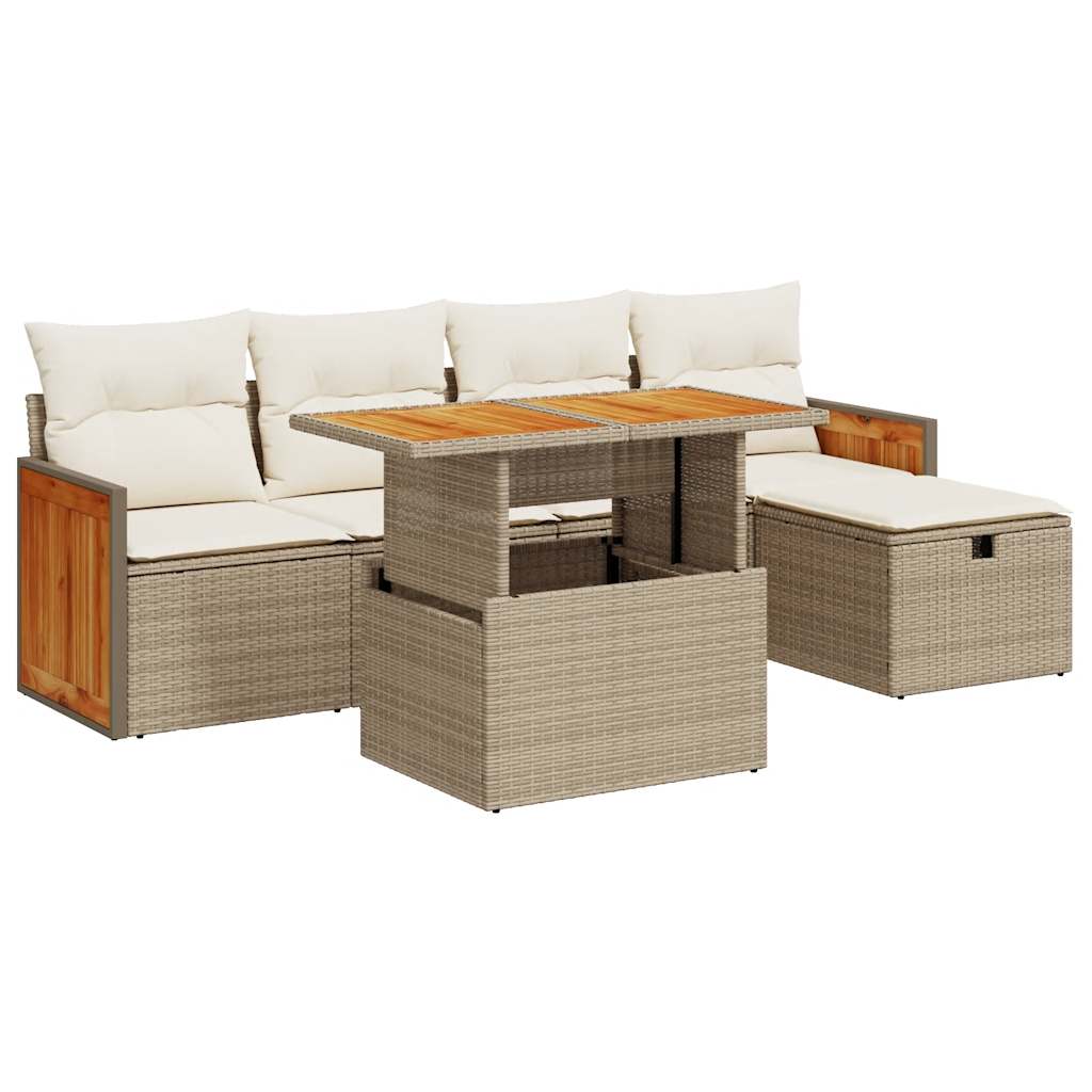 6-delige Loungeset met kussens poly rattan beige