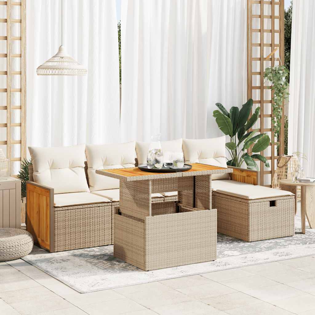 6-delige Loungeset met kussens poly rattan beige