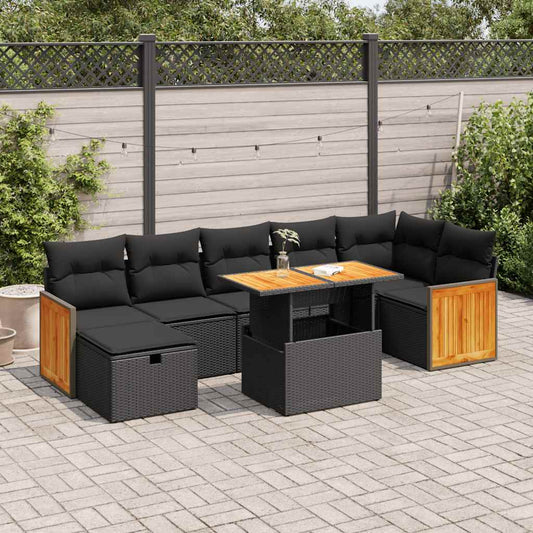 5-delige Loungeset met kussens poly rattan zwart