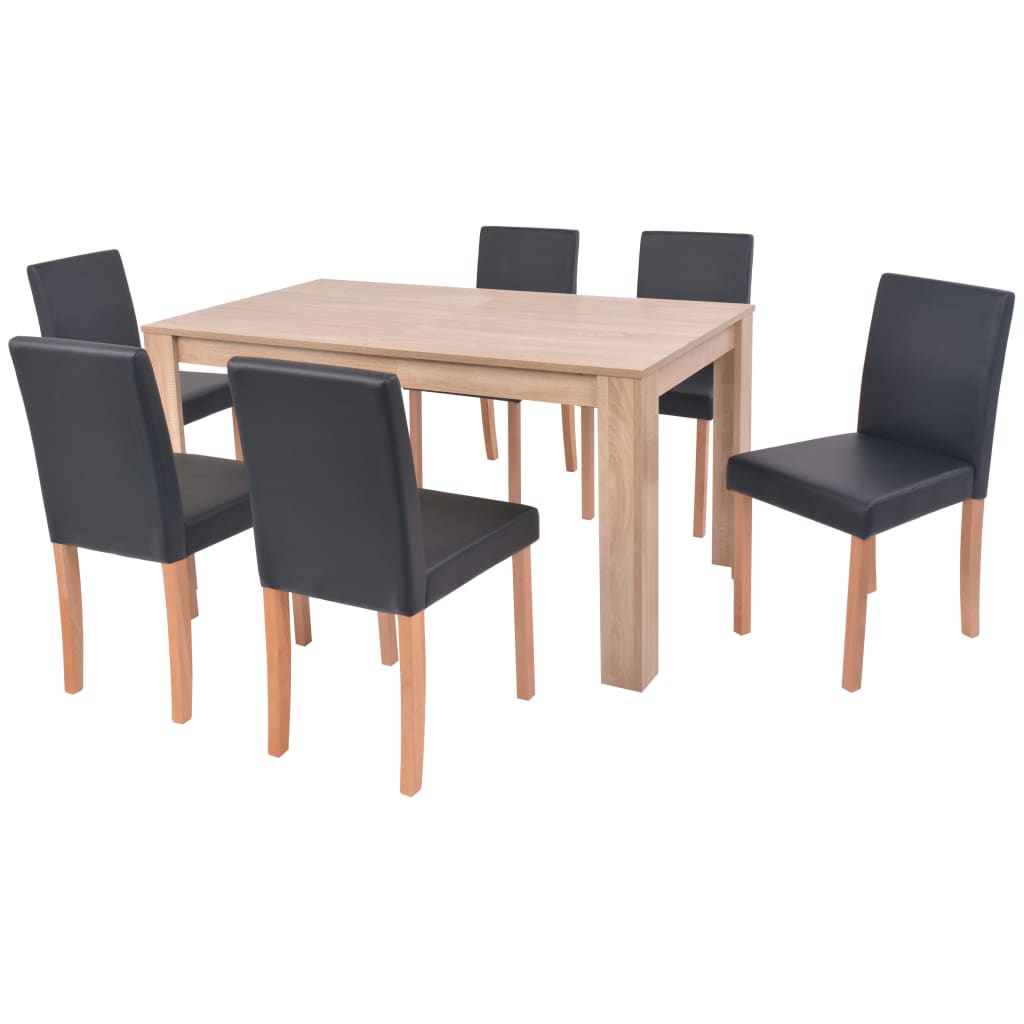 Eettafel met stoelen kunstleer en eikenhout zwart 7 st