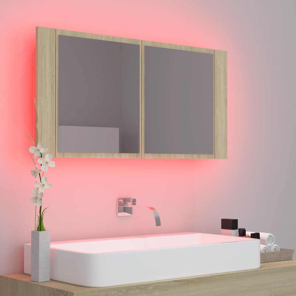 Badkamerkast met spiegel LED 90x12x45 acryl sonoma eikenkleurig Badkamerkaptafels | Creëer jouw Trendy Thuis | Gratis bezorgd & Retour | Trendy.nl