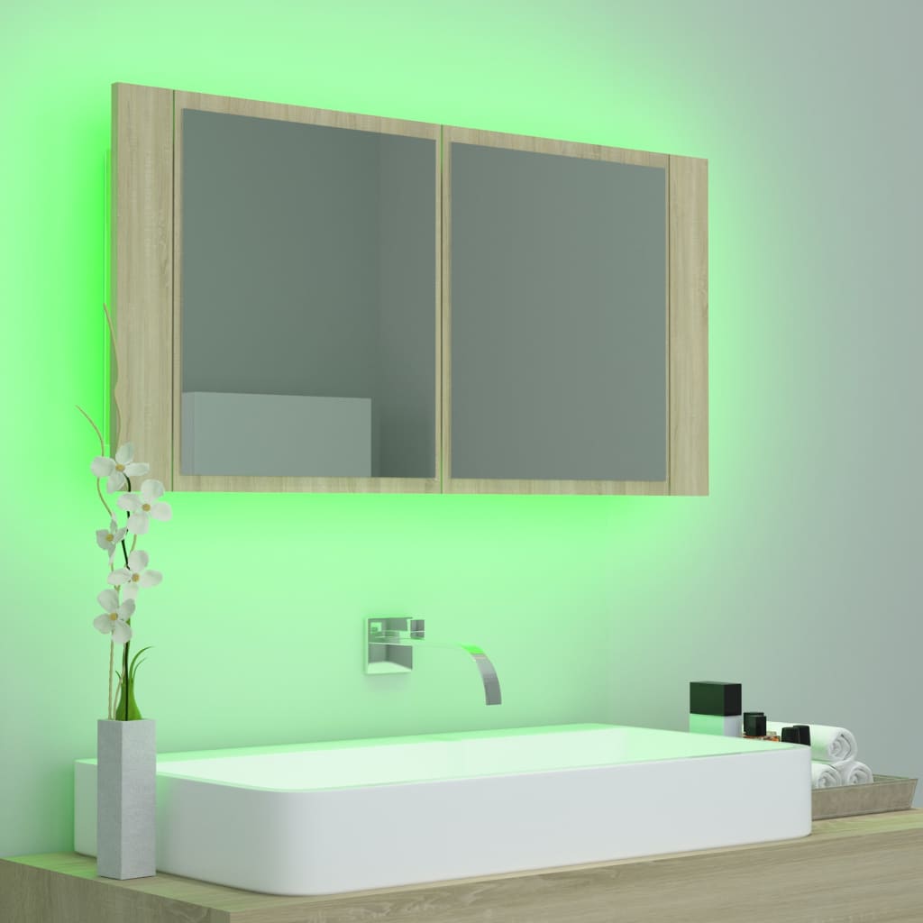 Badkamerkast met spiegel LED 90x12x45 acryl sonoma eikenkleurig Badkamerkaptafels | Creëer jouw Trendy Thuis | Gratis bezorgd & Retour | Trendy.nl