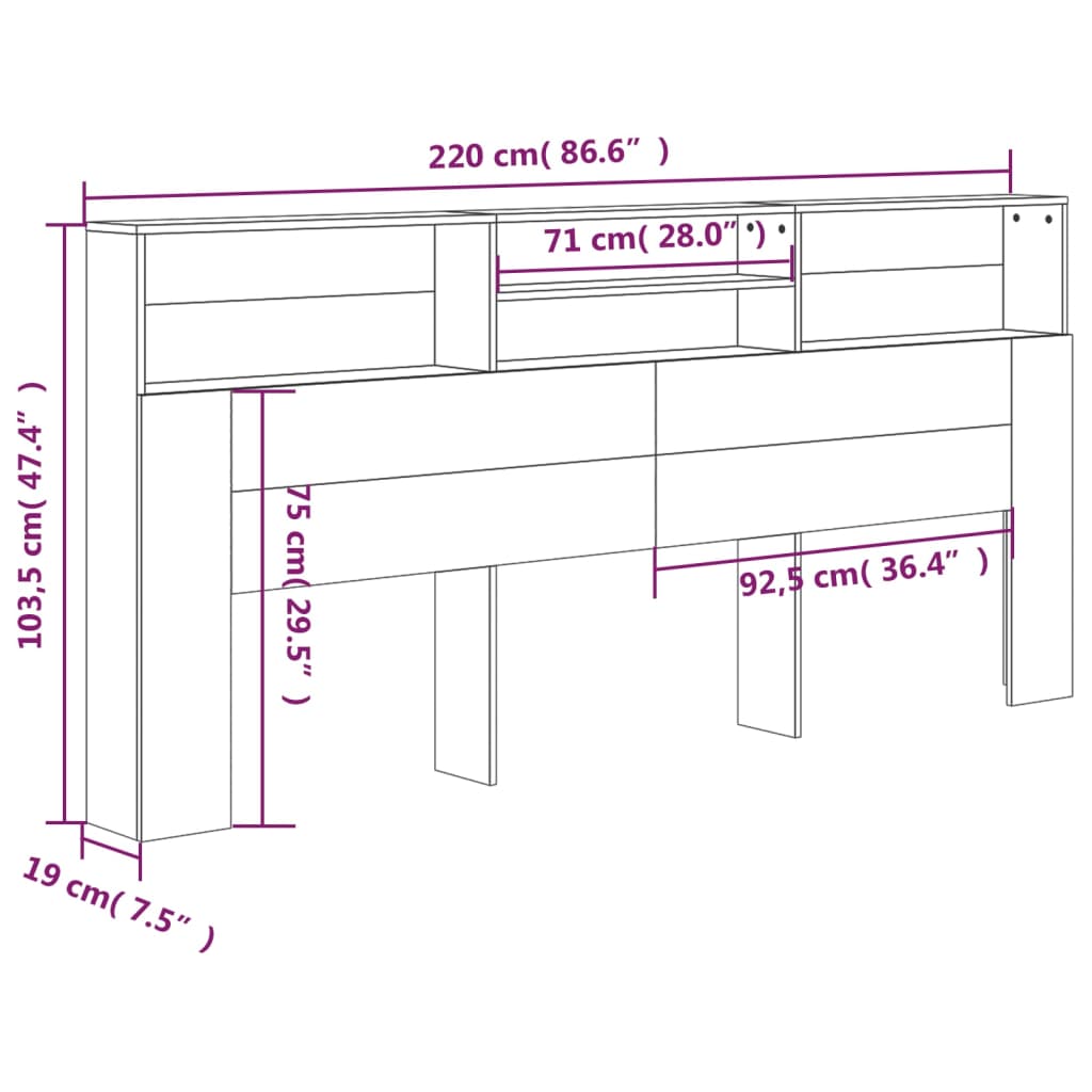 Hoofdbordkast 220x19x103,5 cm grijs sonoma eikenkleurig Hoofdborden en voetborden | Creëer jouw Trendy Thuis | Gratis bezorgd & Retour | Trendy.nl