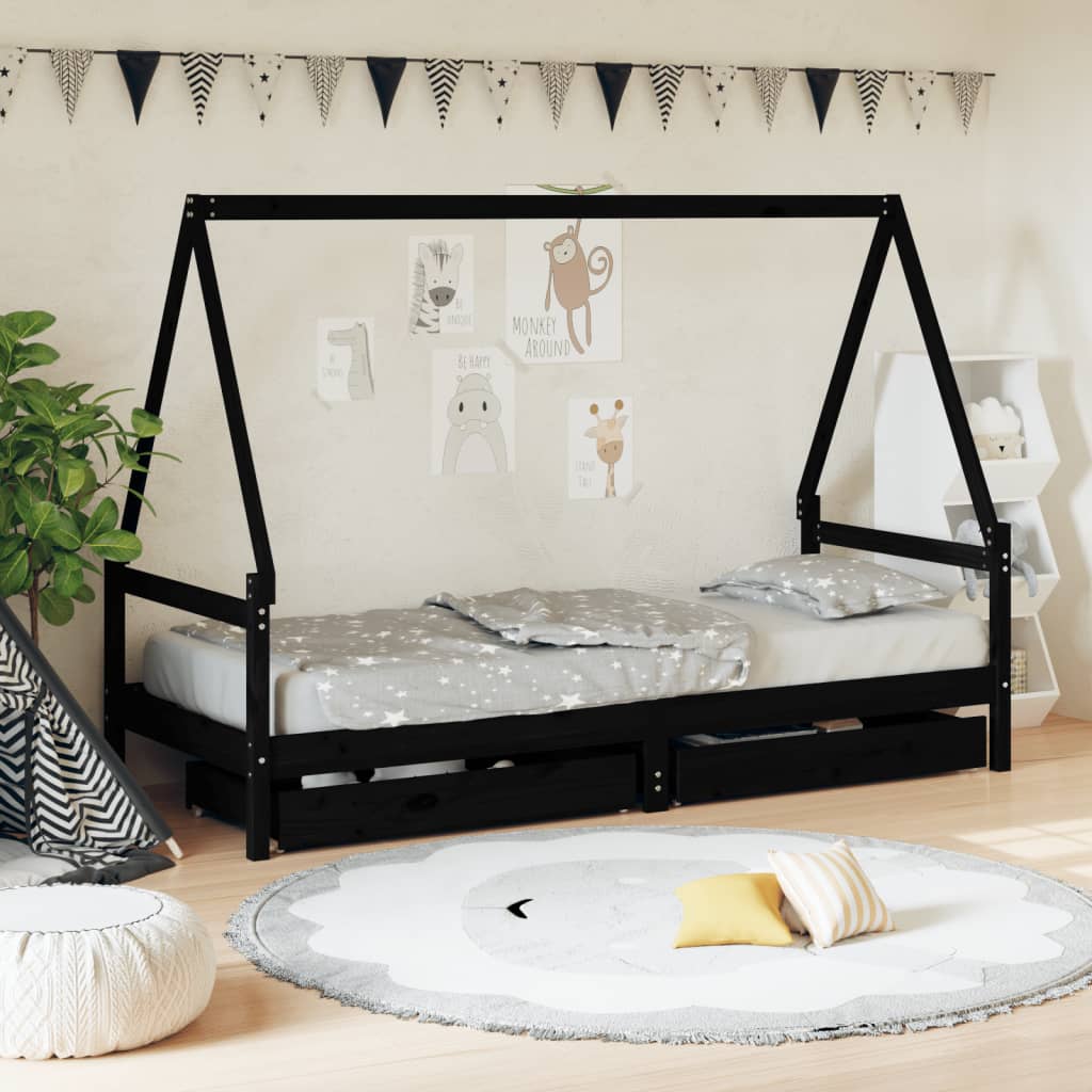 Kinderbedframe met lades 90x190 cm massief grenenhout zwart Peuter- & kinderbedden | Creëer jouw Trendy Thuis | Gratis bezorgd & Retour | Trendy.nl