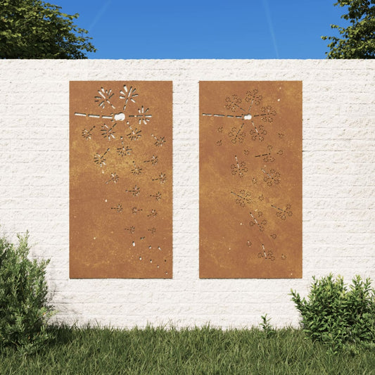 Wanddecoratie tuin 2 st bloemenontwerp 105x55 cm cortenstaal