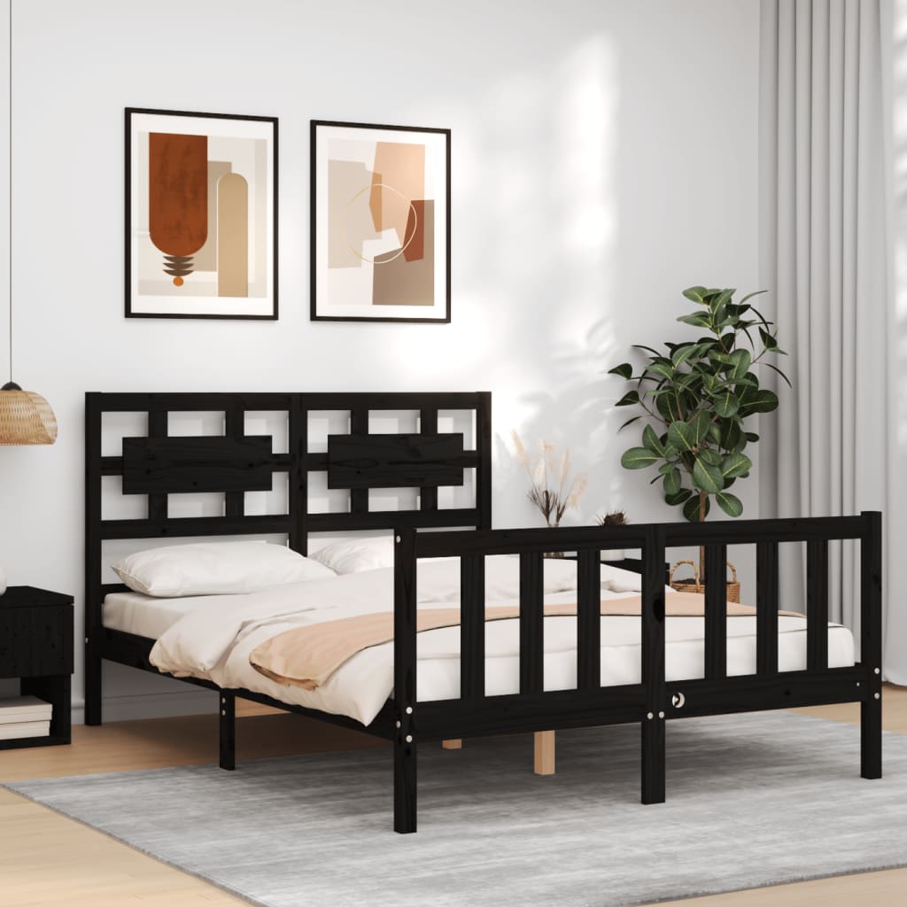 Zwart massief houten bedframe met hoofdbord - 140x200cm 
"Creëer stijl en comfort met dit prachtige bed" Bedden & bedframes | Creëer jouw Trendy Thuis | Gratis bezorgd & Retour | Trendy.nl