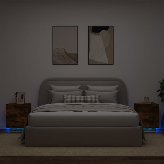 Nachtkastjes met LED 2 st bewerkt hout gerookt eikenkleurig Nachtkastjes | Creëer jouw Trendy Thuis | Gratis bezorgd & Retour | Trendy.nl